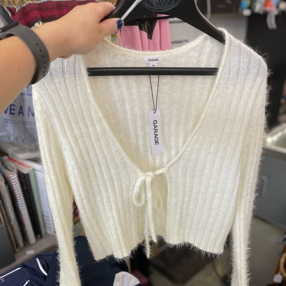 Garage white soft fuzzy cardi small